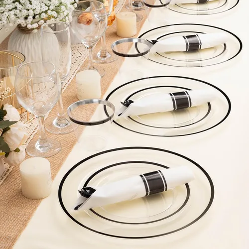 Miniatura 7 de BESTSTAR Juego de 175 platos desechables transparentes y negros para 25 invitados, 50 platos de plástico, 25 vasos, 25 servilletas preenrolladas