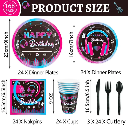 Miniatura 2 de Juego de vajilla de 168 piezas de suministros para fiestas musicales, platos de papel desechables, servilletas, tazas, cubiertos para decoración