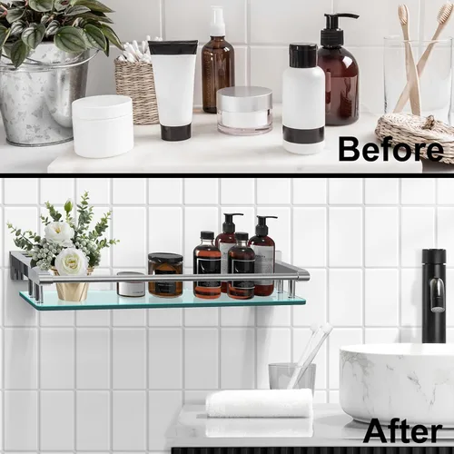 Miniatura 6 de Estantes de vidrio para baño, estante rectangular de acero inoxidable cromado de 20 pulgadas, estante de vidrio templado para montaje en pared