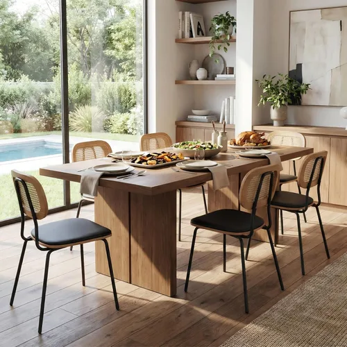 Miniatura 10 de Ya-Home Juego de 4 sillas de comedor Mid-Century de piel sintética con respaldo de ratán, patas de madera, diseño sin brazos para comedor, sala