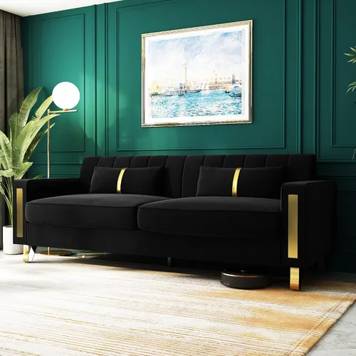 Miniatura 15 de Sofá cama modular de tela de terciopelo de 85.62 pulgadas, 3 asientos, fácil de montar con 2 almohadas de sofá, patas de metal dorado para sala