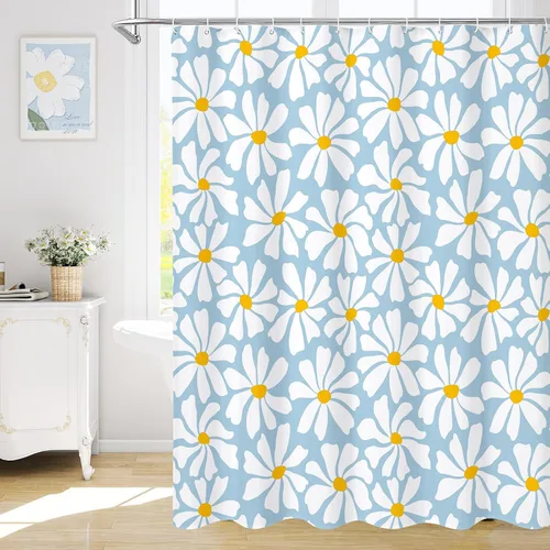 Miniatura 24 de Litabel Cortina de Ducha Pequeña para Cabina 36 x 72 pulgadas, Cortina de Ducha Estrecha de Tela Floral de Media Margarita para Baño Femenino, Juego