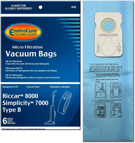 EnviroCare Bolsas de polvo de repuesto para aspiradora de microfiltración hechas para adaptarse a Riccar 8000 Simplicity 7000 Tipo B 6 unidades