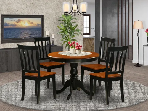 Miniatura 2 de East West Furniture ANTI3-BLK-W Juego de mesa y sillas de cocina de 3 piezas contiene una mesa de comedor redonda con pedestal y 2 sillas de asiento