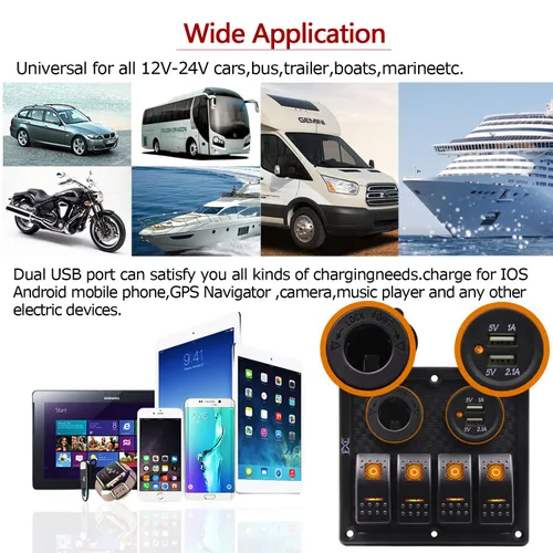 Miniatura 6 de FXC Panel de interruptor basculante impermeable naranja para botes marinos de 4 bandas con doble ranura USB, enchufe para encendedor de cigarrillos
