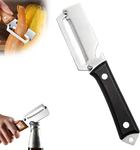 Miniatura 11 de Pelador de verduras multifuncional para cocina, pelador de verduras 2026 con mango de madera y abridor de botellas, herramienta de cocina de acero