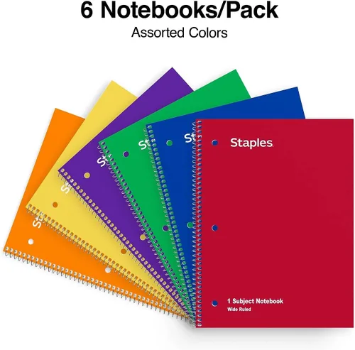 Miniatura 3 de STAPLES Cuaderno de espiral de 1 materia, rayas anchas, 70 hojas, colores surtidos, paquete de 6