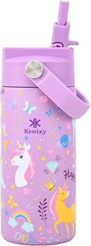 Miniatura 11 de KEWIXY Botella de agua aislada de 18 onzas con pajilla, tapa 2 en 1, popote y boquilla, a prueba de fugas, soporte para vasos, acero inoxidable