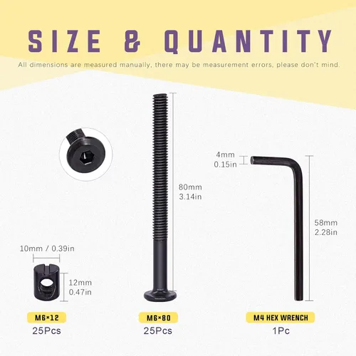 Miniatura 2 de Swpeet 25 tornillos de cabeza hexagonal M6 de 3.150 in, color negro, para cuna, cuna y tuercas de barril con 1 llave Allen, perfecta para muebles