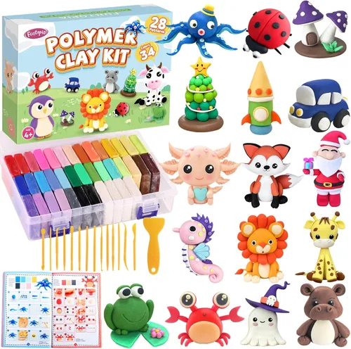 Funtopia - Kit de arcilla polimérica, arcilla de modelado de 34 colores para niños y adultos, arcilla para hornear horno con libro tutorial, caja de