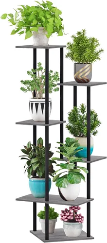 Soporte alto para plantas de interior, estante moderno de 6 niveles para múltiples plantas, soporte de flores de metal de madera para sala de estar,
