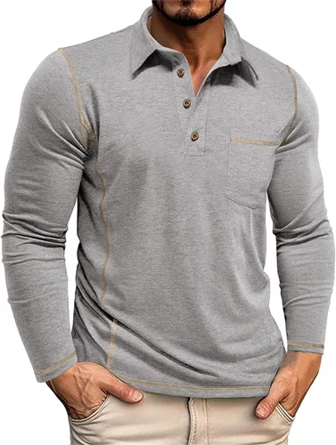 Miniatura 11 de Polo para hombre, manga larga, cuello clásico, algodón, botón básico, elegante, con bolsillo en el pecho
