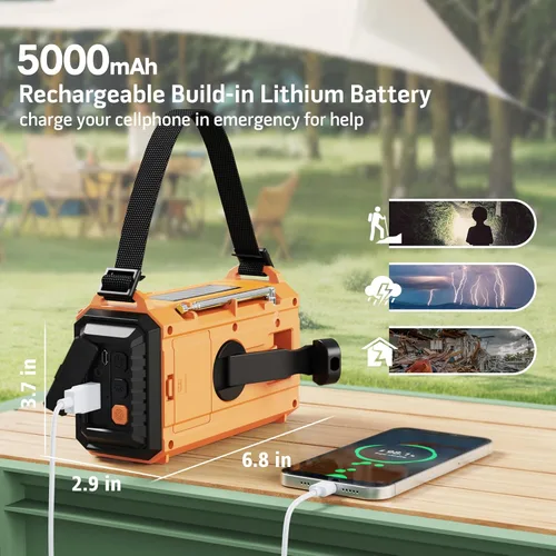Miniatura 3 de Radio de emergencia, radio meteorológica digital 5000 con AM/FM/NOAA/SW, radio portátil de supervivencia SOS, radio de manivela solar alimentada por