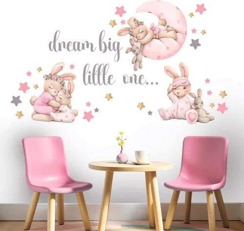 Miniatura 6 de Adhesivos de pared rosa con conejos para guardería - Decoración de pared de conejo para habitación de bebé niña, adhesivos de animales para sala