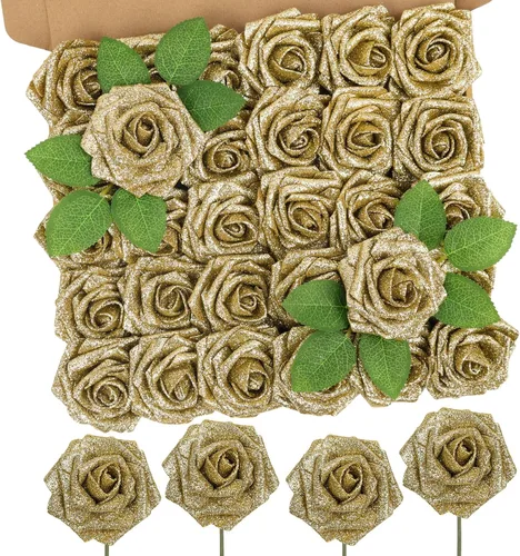 Miniatura 36 de MACTING 30 Rosas Artificiales Blancas Flores Falsas con Tallo Rosas de Espuma de Tacto Real para DIY Arreglos de Ramo de Boda Centros de Mesa White-1