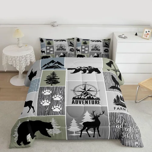 Miniatura 7 de Juego de edredón rústico de cabaña granja para niños, tamaño twin, juego de ropa de cama de aventura de caza de ciervos y osos para decoración
