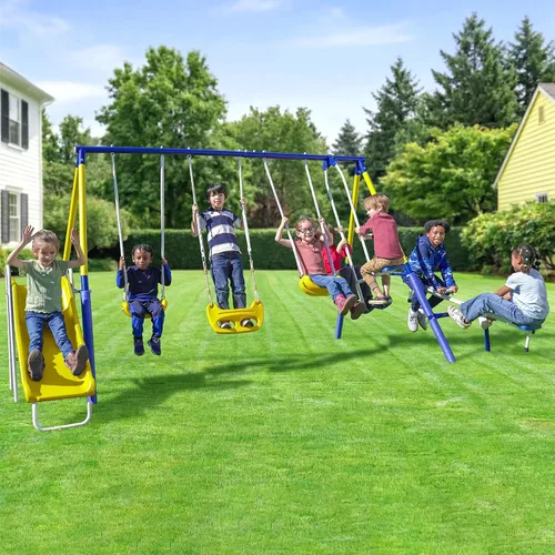 Sportspower Royal Fun Juego de columpios de metal para niños de 3 a 8 años con 2 columpios, columpio de pie, balancín, columpio de vaivén y tobogán