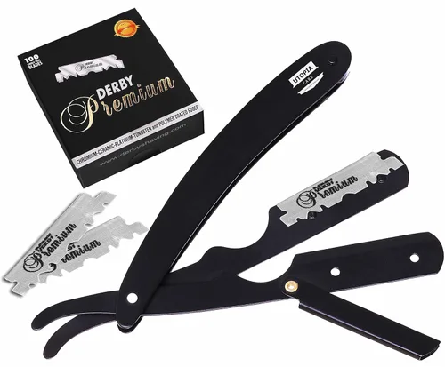 Utopia Care - Rasuradora de seguridad profesional, para peluquero, de borde recto, con 100 cuchillas Derby, 100 % acero inoxidable, (negro)