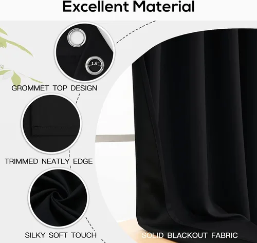 Miniatura 4 de Yakamok Cortinas negras, cortinas de ventana con aislamiento térmico y eficiencia energética para dormitorio, cortinas opacas completas y cortinas