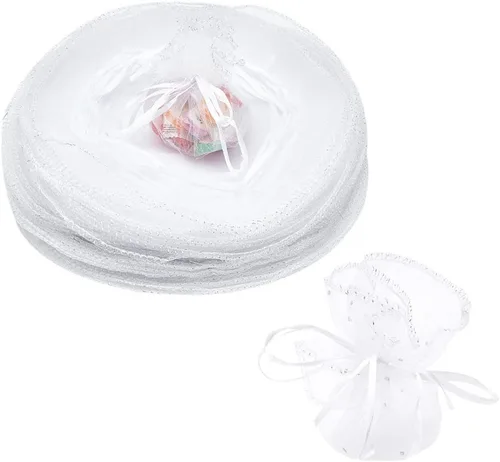 SKYPRO 50 bolsas de organza blanca de 9.8 pulgadas con cordón, bolsas de joyería, bolsas de regalo de boda, fiesta de Navidad