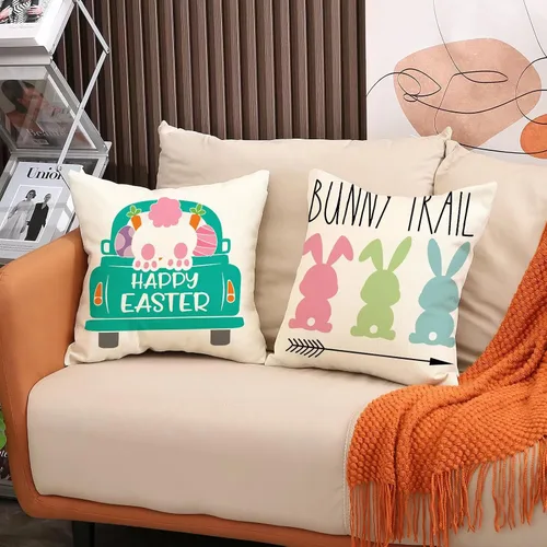 Miniatura 4 de Hongsome - Juego de 4 fundas de almohada decorativas de Pascua de 18 x 18 pulgadas, de lino, con diseño de conejo y huevo, para sofá grande, sofá