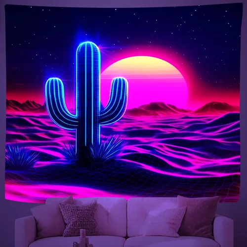 Miniatura 10 de Tapiz de sol de neón de luz negra, tapiz de silueta de palmera de ciudad que brilla en la oscuridad, tapiz para colgar en la pared, reactivo a
