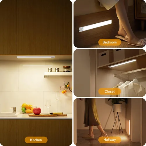 Miniatura 6 de BLS Luces para debajo del gabinete, 46 luces LED a batería con sensor de movimiento para interiores, luces de armario recargables USB C con sensor