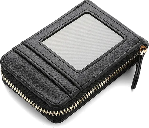 RNIEGA Cartera pequeña para tarjetas de crédito, ligera, de cuero vegano, acordeón con cremallera, cartera para tarjetas de moda Rfid para mujer