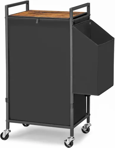 Cesta de lavandería con tapa marrón rústico y ruedas; cesta grande de lavandería con ruedas de 96L con bolsa de forro Oxford extraíble; canasta alta