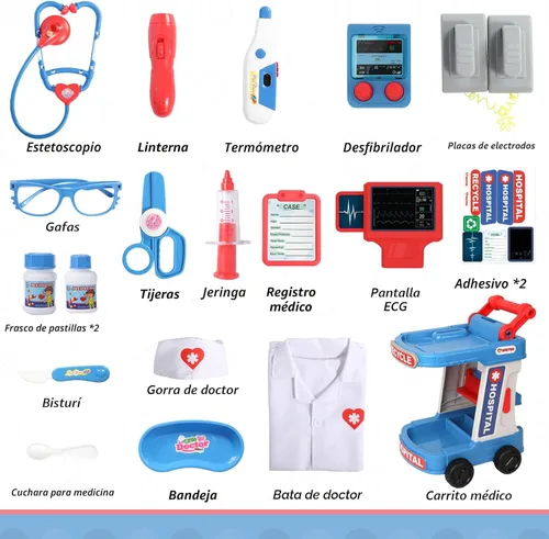 Miniatura 7 de Liberry - Kit de médico para niños pequeños de 3, 4 y 5 años, juego de médico con carrito, disfraz y estetoscopio, juego de rol, juguetes médicos