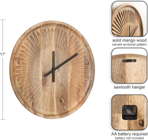 Miniatura 2 de Kate and Laurel Grear Modern - Reloj de pared redondo sin números, 17 pulgadas de diámetro, madera natural, reloj decorativo de madera tallada