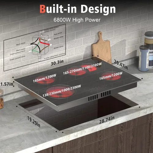 Miniatura 6 de Hobsir - Placa de cocina eléctrica de 30 pulgadas, 4 quemadores, estufa eléctrica, estufa de cerámica de 6800 W con marco de metal de vidrio, 30