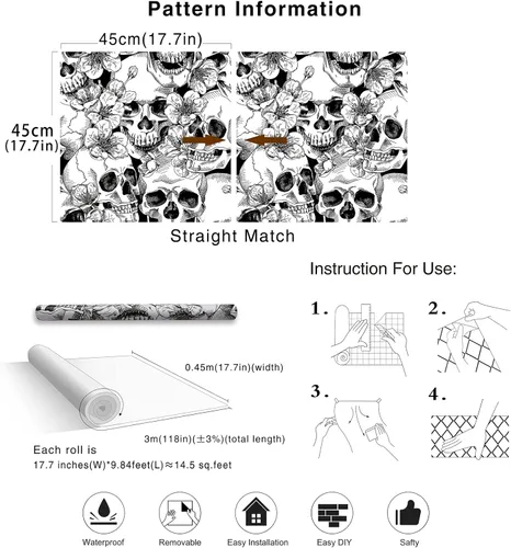 Miniatura 6 de HAOKHOME Papel tapiz gótico para despegar y pegar, diseño floral de calavera de azúcar para dormitorio, decoración de pared extraíble negro/blanco