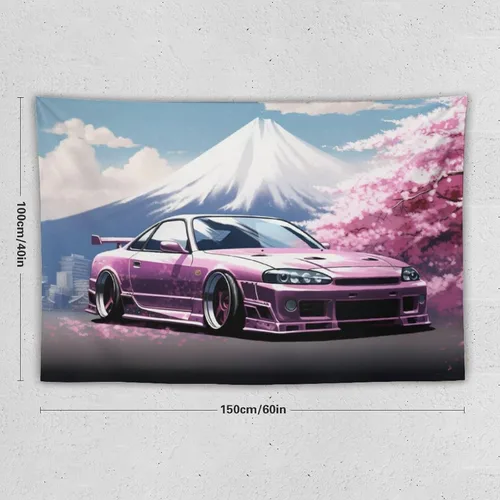Miniatura 2 de FeoYoed Jdm Car R33 - Tapiz para colgar en la pared, arte de pared para dormitorio, sala de estar, monte japonés, Fuji, flor de cerezo rosa, 40 x 60