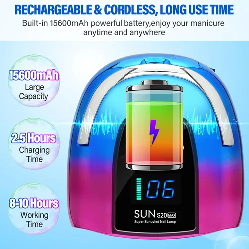 Miniatura 3 de Lámpara de uñas LED UV, inalámbrica, luz UV recargable portátil de 128 W para uñas de gel, secadora de luz de gel profesional con sensor automático