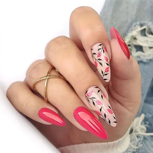 Miniatura 16 de Uñas postizas ovaladas a presión con puntas francesas, juego de uñas postizas cortas de flores artificiales, uñas postizas acrílicas con diseños