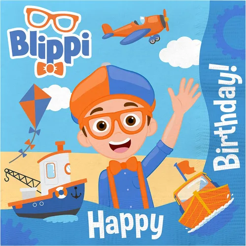 Treasures Gifted Suministros para fiesta de cumpleaños con licencia oficial de Blippi, paquete de 16 servilletas Blippi, suministros para fiesta de