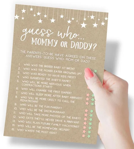 Miniatura 2 de Printed Party Juegos de baby shower - Adivina quién mamá o papá juego para niño o niña, tema de papel kraft rústico, 50 tarjetas
