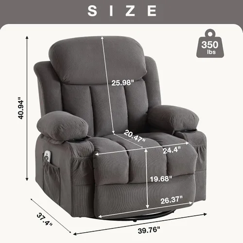 Miniatura 2 de Silla giratoria reclinable de masaje reclinable con carga USB y control remoto de carga lumbar de 8 puntos, modos de vibración de 350 libras
