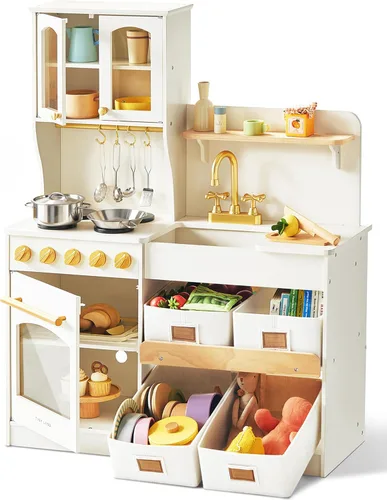 Tiny Land - Cocina de juguete para niños, de madera, con sistema de almacenamiento, juego de cocina con muchas funciones de juego, de juguete,