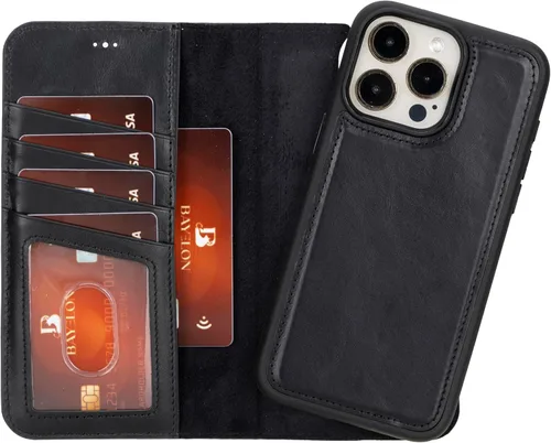 Miniatura 24 de Bayelon Funda tipo cartera para iPhone 15 Pro Max, de cuero de grano completo, cubierta abatible magnética desmontable, tarjetero, funda tipo Marrón