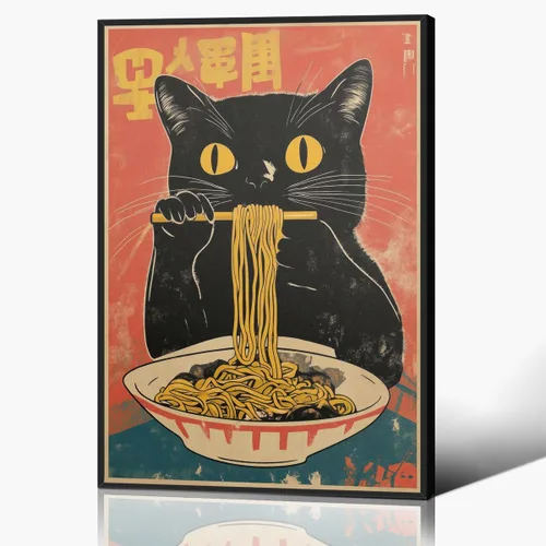Arte de pared vintage de gato japonés en lona, póster de gato negro peculiar comiendo ramen, impresión de arte retro de animales divertidos con