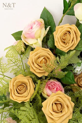 Miniatura 307 de N&T NIETING Flores artificiales, rosas artificiales de color rosa intenso, 50 piezas de flores falsas con tallo para ramos de boda DIY, centros