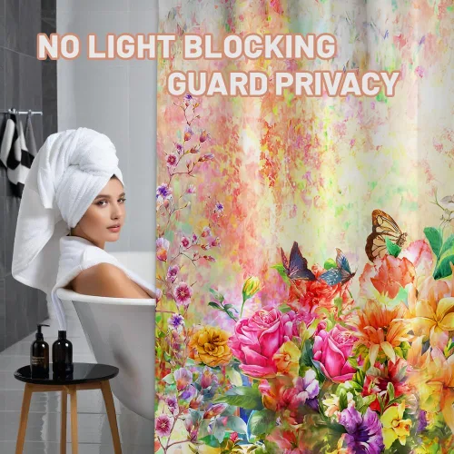 Miniatura 7 de Cortina de ducha floral para primavera y verano, flores silvestres, flores y mariposas, decoración de baño, tela impermeable con ganchos, 70