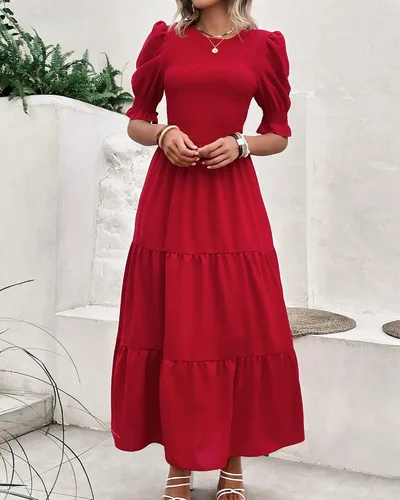 Miniatura 61 de BTFBM Vestidos para mujer, cuello redondo, casual, de verano, con volantes, manga corta, bohemio, con niveles, fruncido, largo, con estampado floral