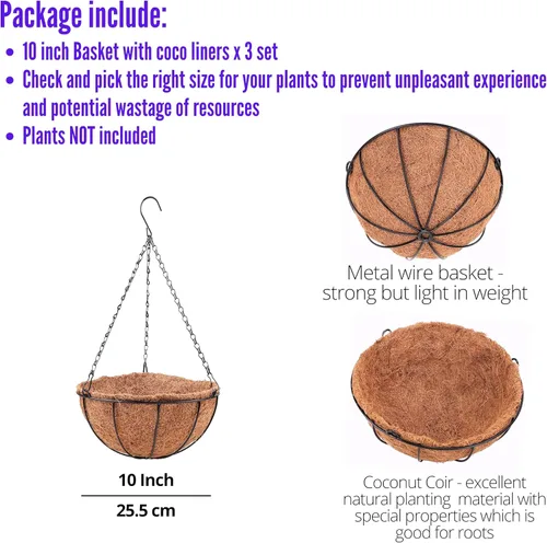 Miniatura 2 de LaLaGreen - Cestas colgantes para plantas (paquete de 3, 10 pulgadas), maceta colgante al aire libre con forro de coco, cesta de alambre de metal