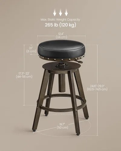 Miniatura 3 de Taburetes de bar SONGMICS Home, juego de 2, taburete de mostrador Steampunk para cocina, altura ajustable y asiento acolchado giratorio, taburete