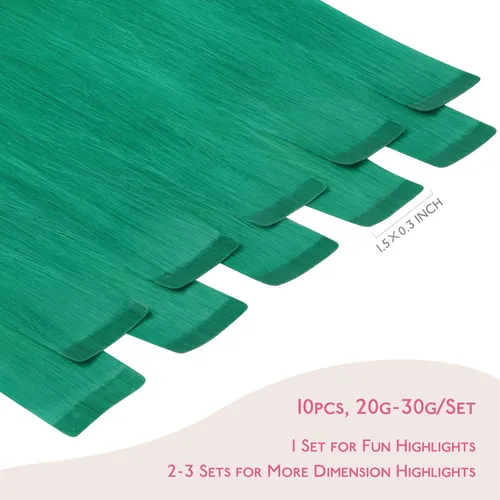 Miniatura 2 de Wennalife Extensiones de cabello humano con cinta, extensiones de cabello humano color verde, 10 unidades, 0.88 oz, 14 pulgadas, extensiones