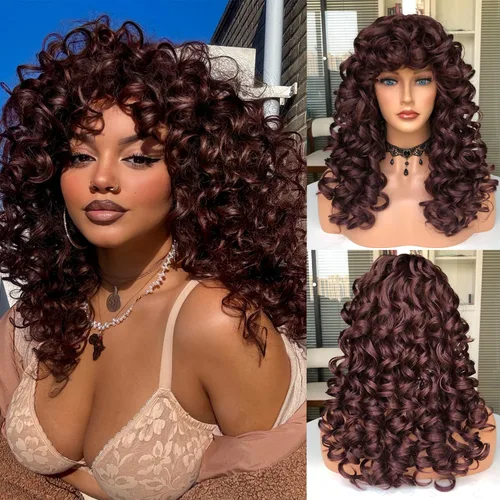 Miniatura 9 de Pelucas afro rizadas para mujeres negras, peluca larga y rizada con flequillo, fibra sintética esponjosa, sin pegamento, para cosplay y uso diario