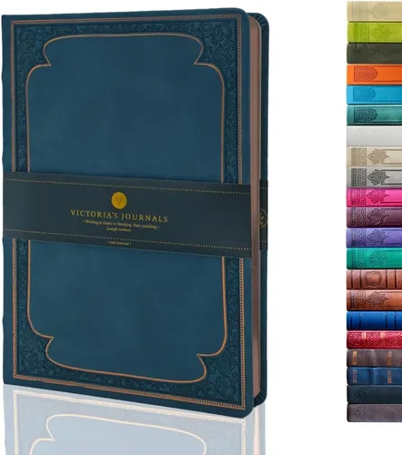 Victoria's Journals Cuaderno con forro de cuero sintético y tapa dura, diario de viaje con diseño vintage de aspecto antiguo, Color Azul Oscuro, 5.7